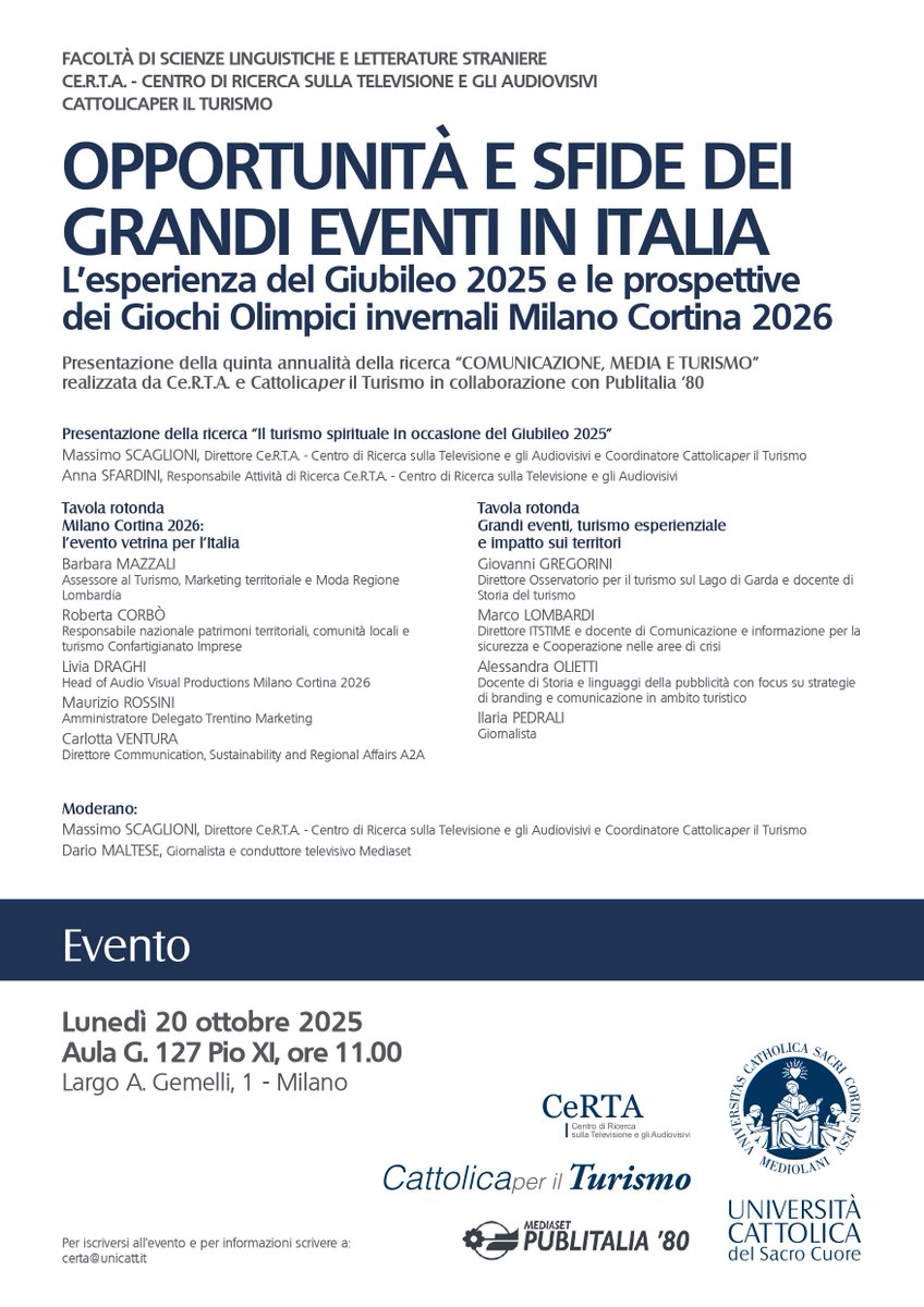 📍 Il Presidente #CorecomLombardia Cesare Gariboldi ha partecipato all’evento all’@unicatt dedicato a “Opportunità e sfide dei grandi eventi in Italia” — focus su #Giubileo2025 e #MilanoCortina2026.

🎯 #Comunicazione, #turismo e #territorio al centro del dibattito.