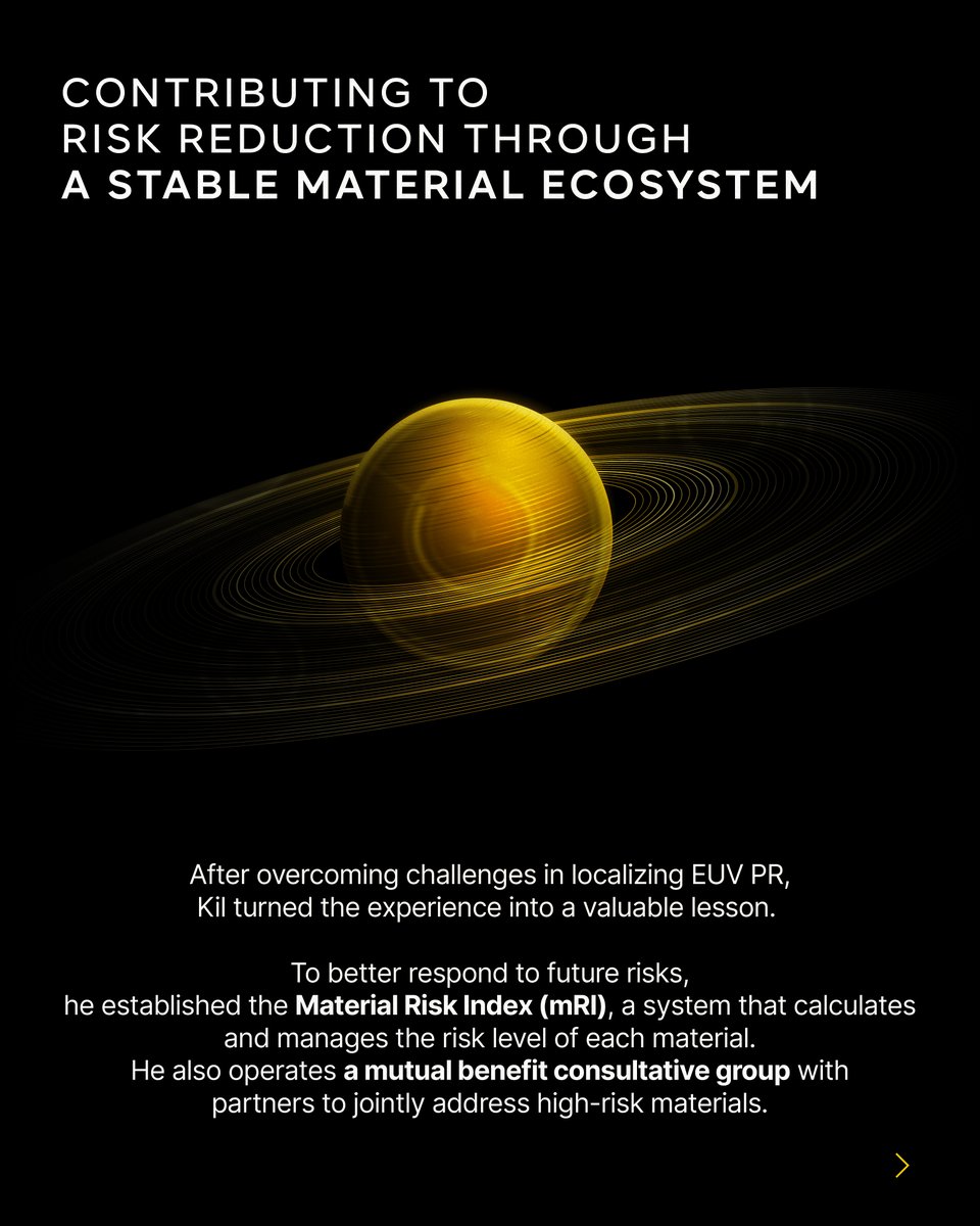 SKhynix's tweet image. Meet Deoksin Kil, Head of Material Development at #SKhynix. He led the localization of #EUV photoresist, boosting material supply stability, and now drives a “Material Renaissance” through the new Infra Tech Center (#ITC) —advancing semiconductor innovation and performance.