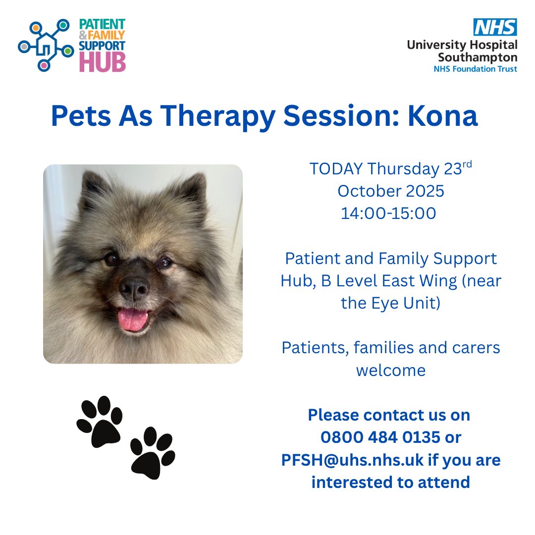 One of our lovely therapy dogs, Kona, will be joining us in the Patient and Family Support Hub today for a Pets as Therapy session this afternoon! Please see the graphic for details 🐕❤