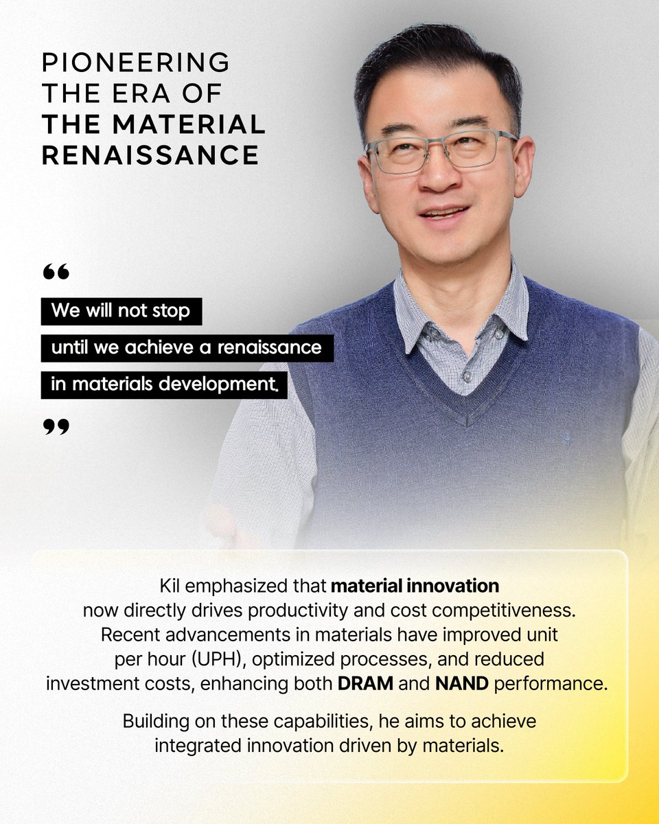 SKhynix's tweet image. Meet Deoksin Kil, Head of Material Development at #SKhynix. He led the localization of #EUV photoresist, boosting material supply stability, and now drives a “Material Renaissance” through the new Infra Tech Center (#ITC) —advancing semiconductor innovation and performance.