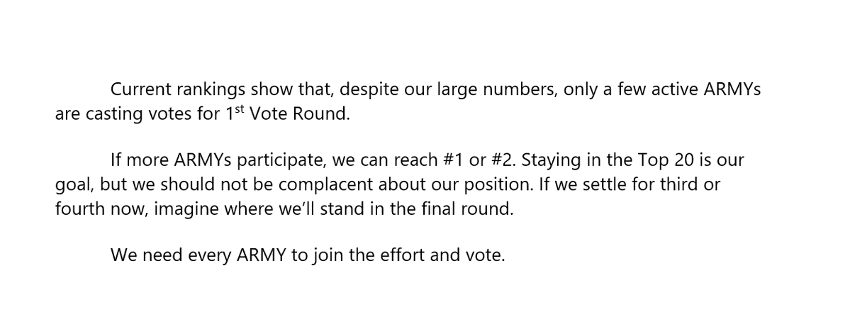 01Btsxarmy's tweet image. [🚨] The ranking of MAMA Fan&apos;s Choice serves as our trajectory of what will gonna happen to the FINAL ROUND. 

Jin &amp;amp; j-hope still rank at 3 &amp;amp; 4, not because votes are divided (remember that we can vote for up to 3 artists per category), but because FEW ARMYs are voting.🙏