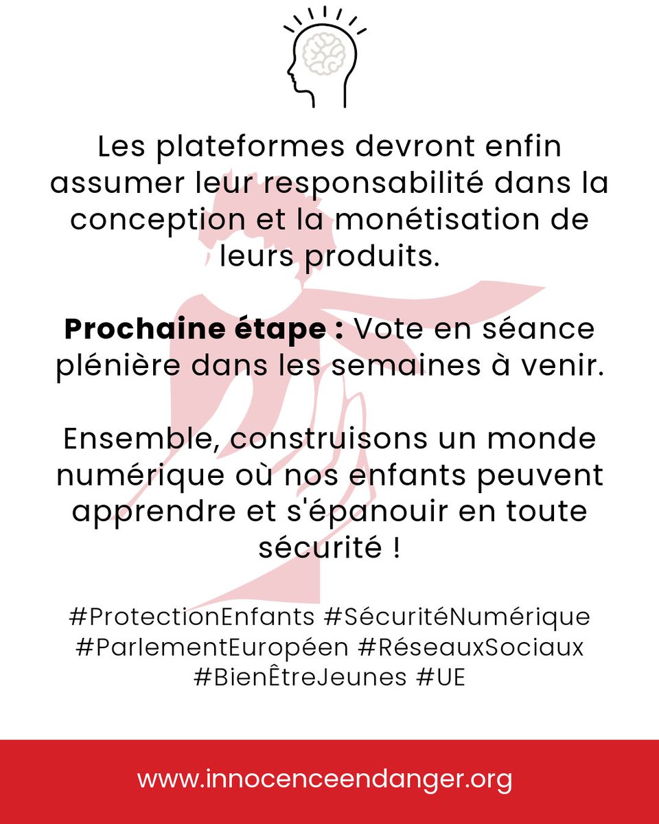 GRANDE AVANCÉE POUR NOS ENFANTS EN LIGNE 

Le Parlement européen vient d'approuver un rapport majeur sur la protection des mineurs en ligne !

Les mesures clés :

✅ Âge minimum de 13 ans sur les réseaux sociaux 
✅ Accord parental obligatoire entre 13 et 16 ans 
✅ Application
