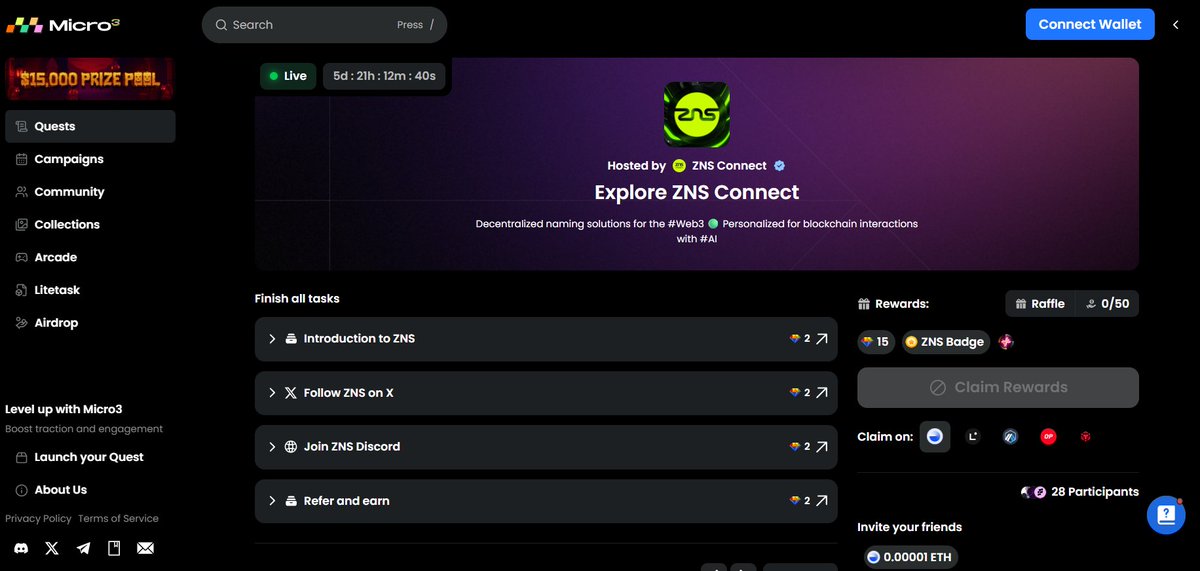 ZNSConnect's tweet image. 🧩 Dive into the ZNS Quest on @Micro3io; where decentralized naming meets AI-powered personalization. 

👉Complete tasks 
👌Earn badges, 
🤝And unlock rewards. 

Start here NOW👉 micro3.io/quest/explore-… 

#ZNS #Web3 #Micro3 #QuestToEarn