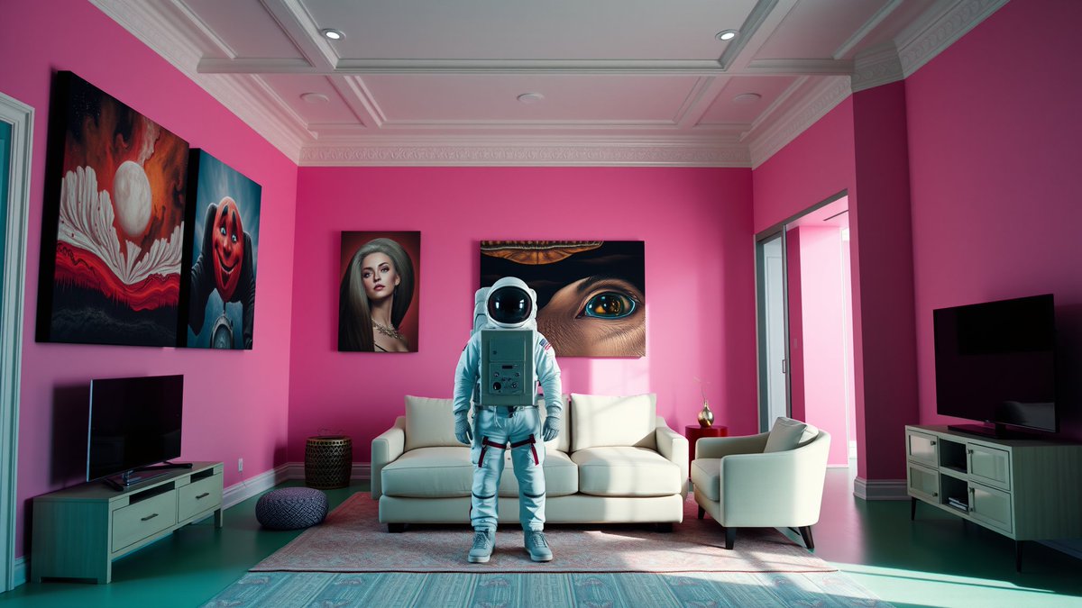 Meme reaction featuring an astronaut in a surreal pink room, symbolizing money printing in crypto