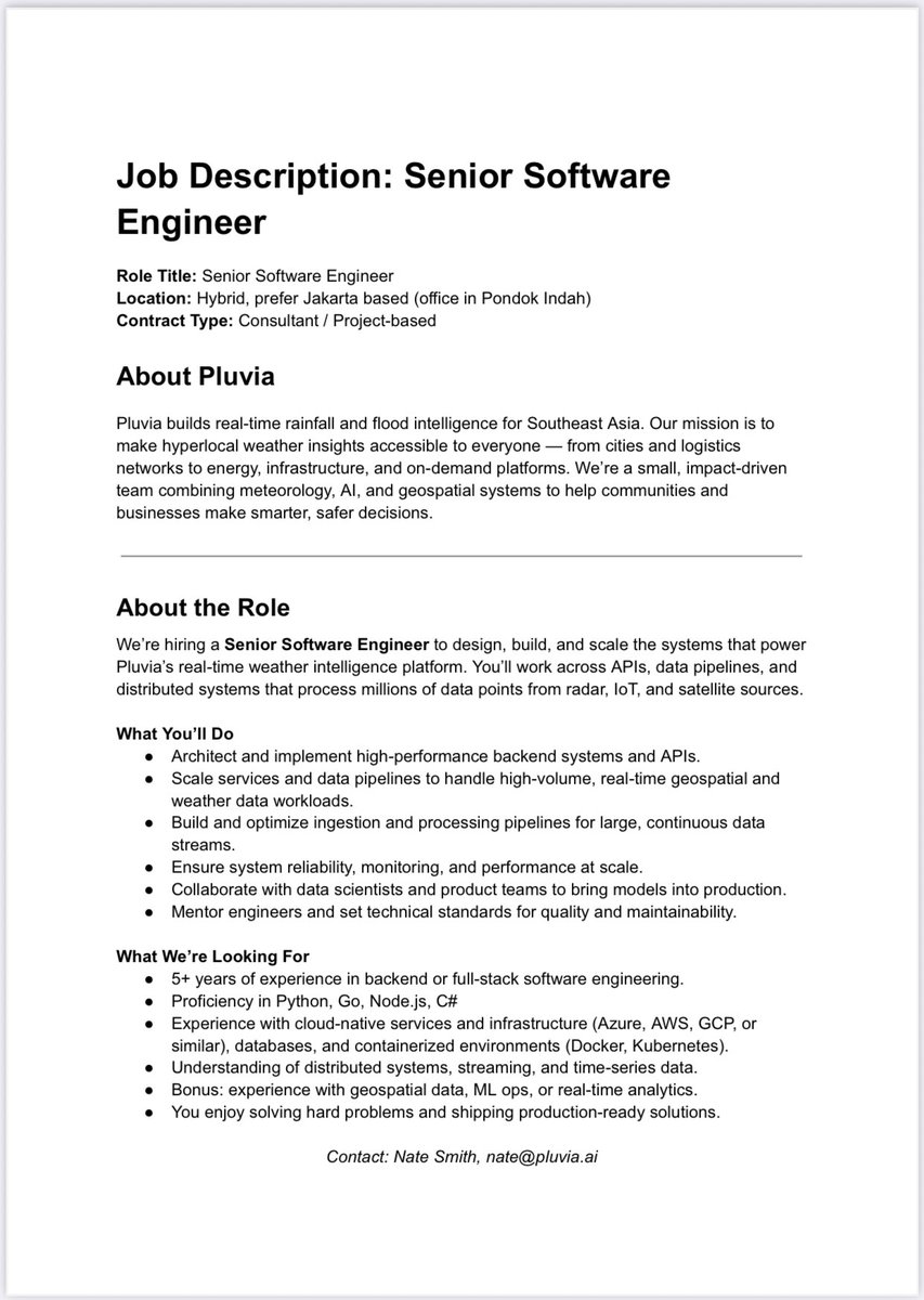 riantisilvi's tweet image. #loker
Temen gw lagi cari Senior Software
Engineer untuk project dia selama kurang lebih sekitar 2-3 bulan, start di 1 November 2025.
Yang berminat bisa langsung kontak Nate Smith, nate@pluvia.ai ya