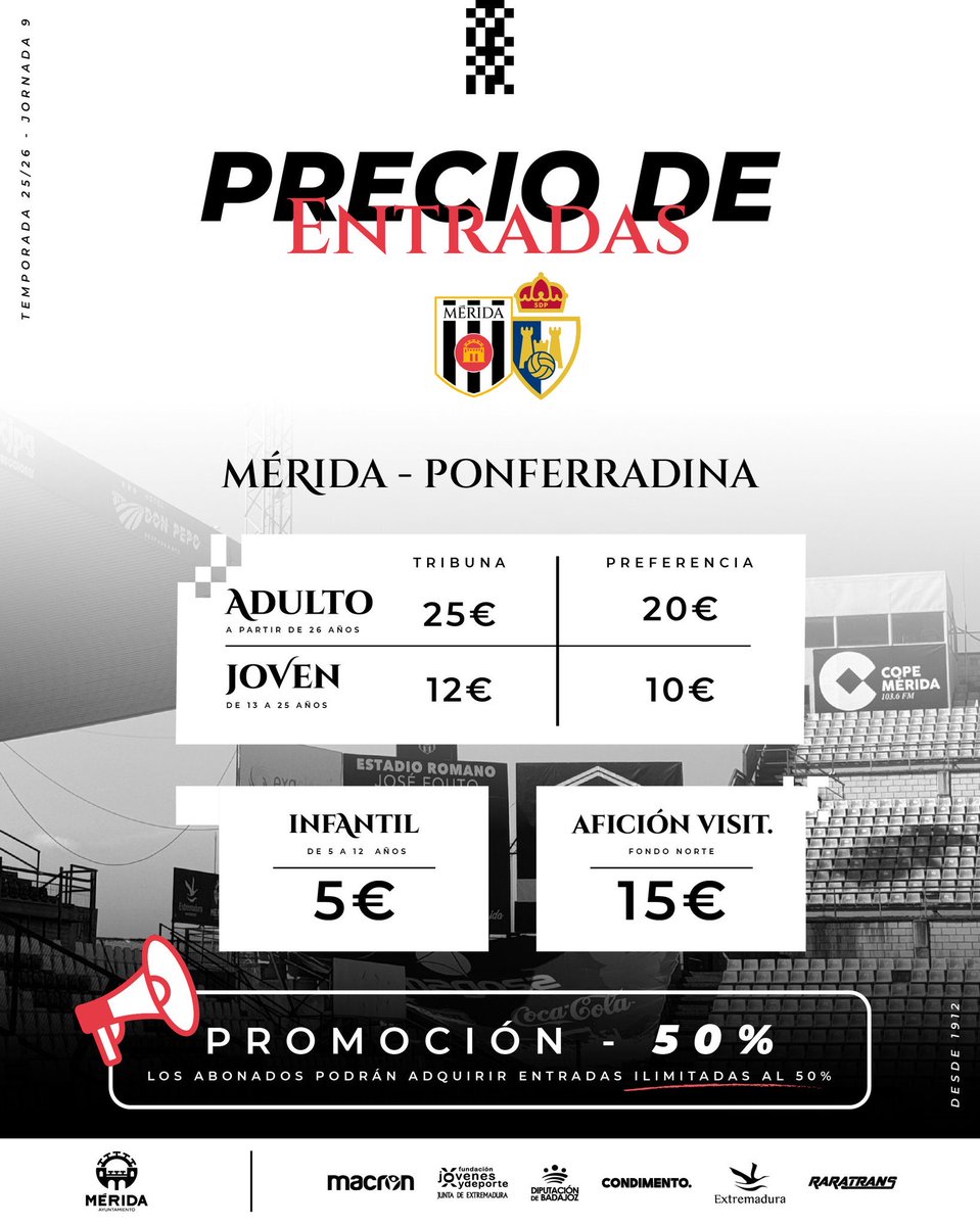 📣 ¡¡¡Eeeeehhhh!!!

🏳️🏴 Que los abonados pueden sacar entradas ILIMITADAS al 50% para el #MéridaPonferradina 

📲 Dale: admerida.compralaentrada.com