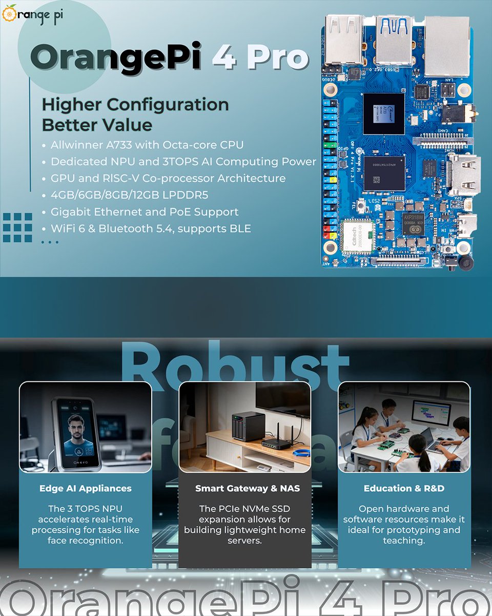 orangepixunlong's tweet image. Another one’s here! 🎉
🔥 #OrangePi 4 Pro is here!
🚀Powered by #Allwinner #A733 octa-core CPU and Dedicated NPU with 3 TOPS AI Computing Power.
🤖All that performance starting from just $35
💰4GB — $35
💰6GB — $40
💰8GB — $45
💰12GB — $55
🔗Available Now: orangepi.org/html/hardWare/…