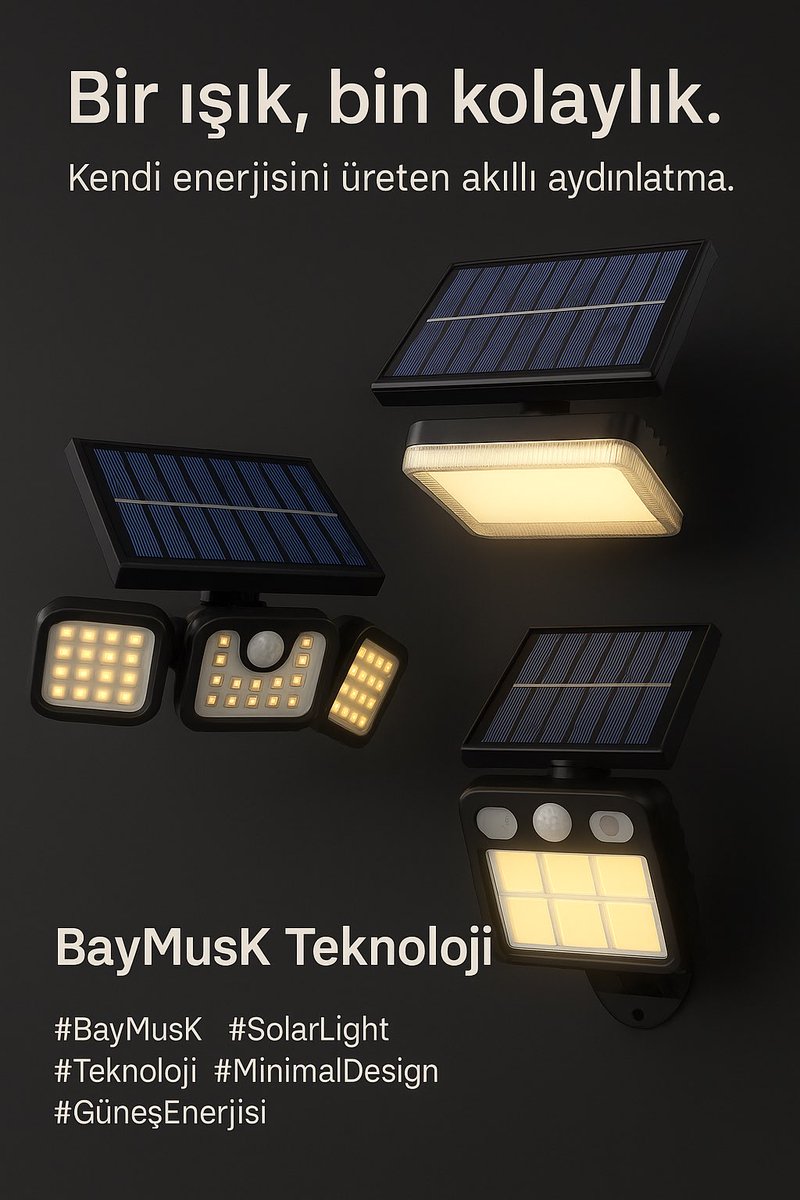 BayMusKTech's tweet image. Bir ışık, bin kolaylık.
Kendi enerjisini üreten akıllı aydınlatma.

BayMusK Teknoloji – Güneşten gücünü alan tasarım.

Keşfet. 
hepsiburada.com/magaza/baymusk…

#BayMusK #SolarLight #Teknoloji #MinimalDesign #GüneşEnerjisi 

 #Salı