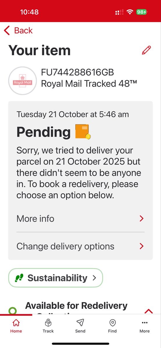 TGW165's tweet photo. @RoyalMailHelp do you seriously expect us to believe you when you claim you tried to deliver at 5:46 AM THIS MORNING but couldn’t because no one was in - that the third excuse you have used over last three days, on this one parcel. https://t.co/dO6x6qHAXO
