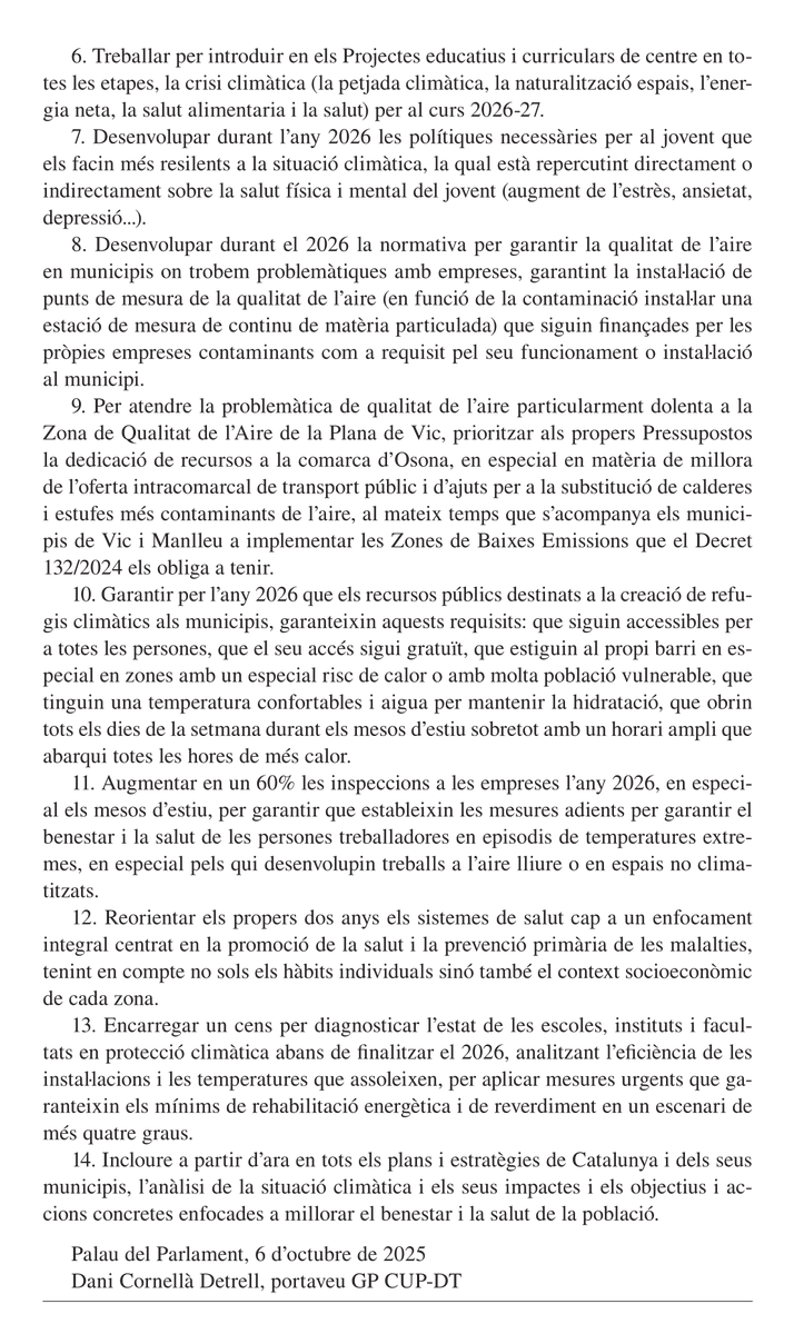 📄 Aquest dijous, el Parlament debatrà i votarà una moció de la CUP amb diverses mesures sobre la desprotecció de la població davant els efectes del canvi climàtic: hi abordem temes relacionats amb l'impacte sobre la salut, onades de calor, qualitat de l'aire...

👇🏾 Text complet: