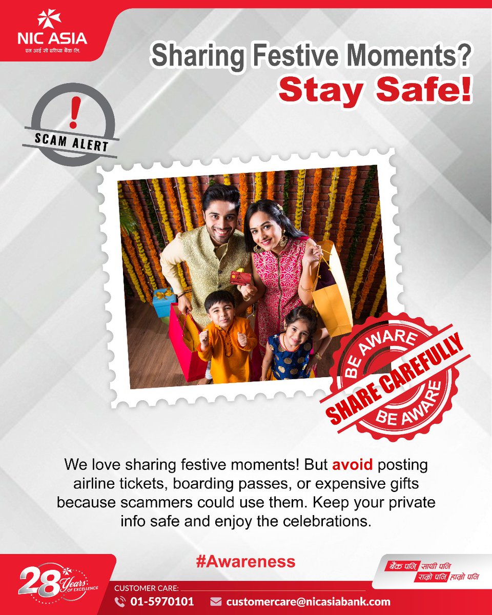 This festive season, celebrate wisely.
Share happiness online but keep your private information offline!

#NICASIABank #DigitalFirst #SecureFestivities #CyberSuraksha #Awareness