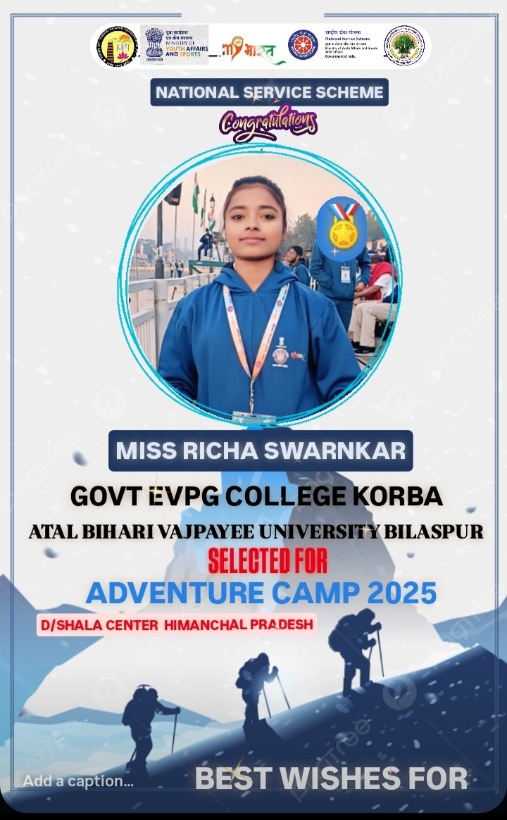 #nss_volunteer_miss_richa_swarnkar #govtevpgcollegekorba <a href="/nssabvuCG/">NSS Atal Bihari Vajpayee Vishvavidhyalaya</a> का हुआ चयन #साहसिक_शिविर_धर्मशाला_सेंटर_हिमांचल_प्रदेश  के लिए कोरबा छत्तीसगढ़ का करेंगी प्रतिनिधित्व  <a href="/_NSSIndia/">NSS India</a> <a href="/ashokshrotinss/">Dr Ashok Shroti</a> <a href="/Rajkumarnss/">राजकुमार वर्मा Rajkumar verma</a> <a href="/NeetaBajpai5/">Neeta Bajpai</a> <a href="/manojsinha812/">Manoj Sinha</a> <a href="/YKTiwari68/">Y. K. Tiwari</a> <a href="/Ajaykpatel04/">Ajay Kumar Patel</a> <a href="/KorbaDist/">Korba</a>