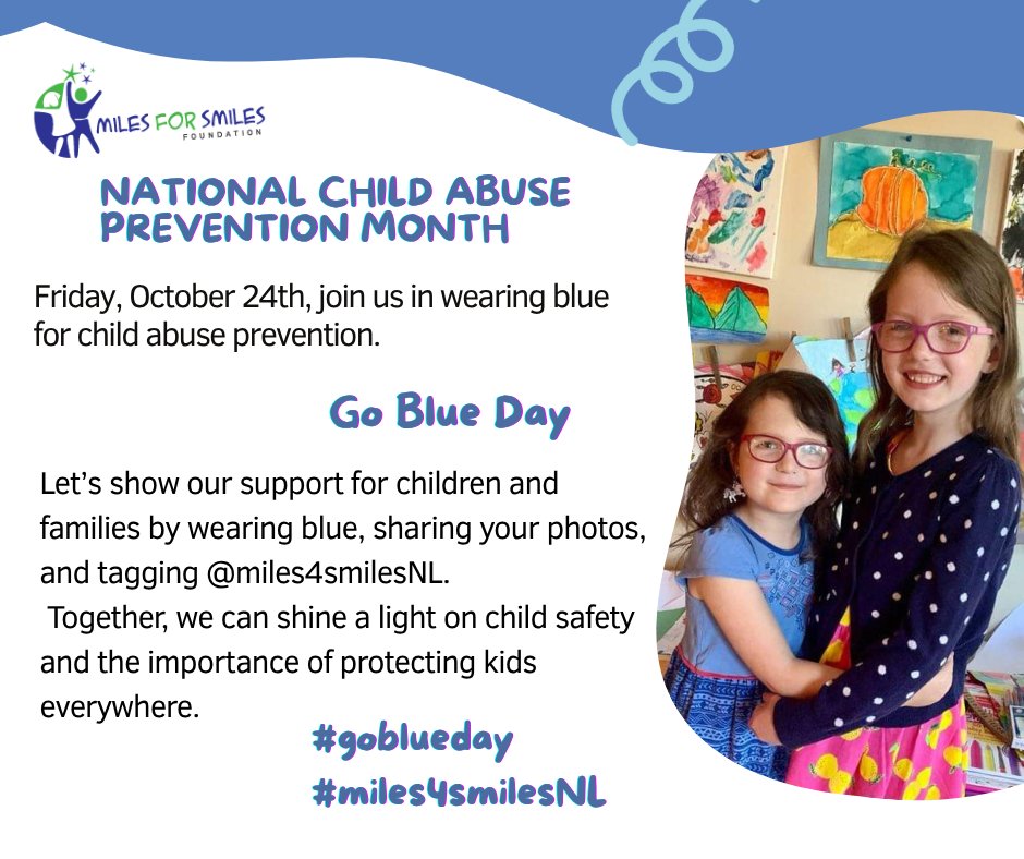 Friday, October 24th, is #goblueday
Join us in wearing blue
and supporting National Child Abuse Prevention Month. <a href="/miles4smilesNL/">M4S</a>
#childabusepreventionmonth #goblueday