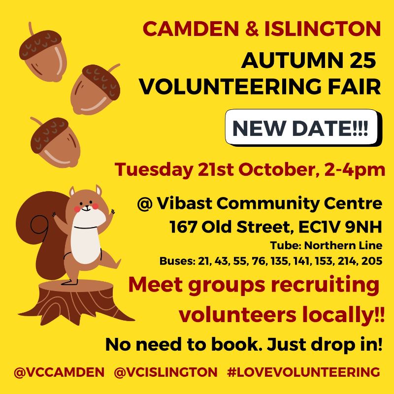 fFINAL CALL: Want to volunteer in Camden &amp; Islington? Join us TODAY at our IN PERSON Volunteering Fair to meet local groups recruiting volunteers! 😁 - mailchi.mp/bb4457e2a98a/a… #WEMAKECAMDEN