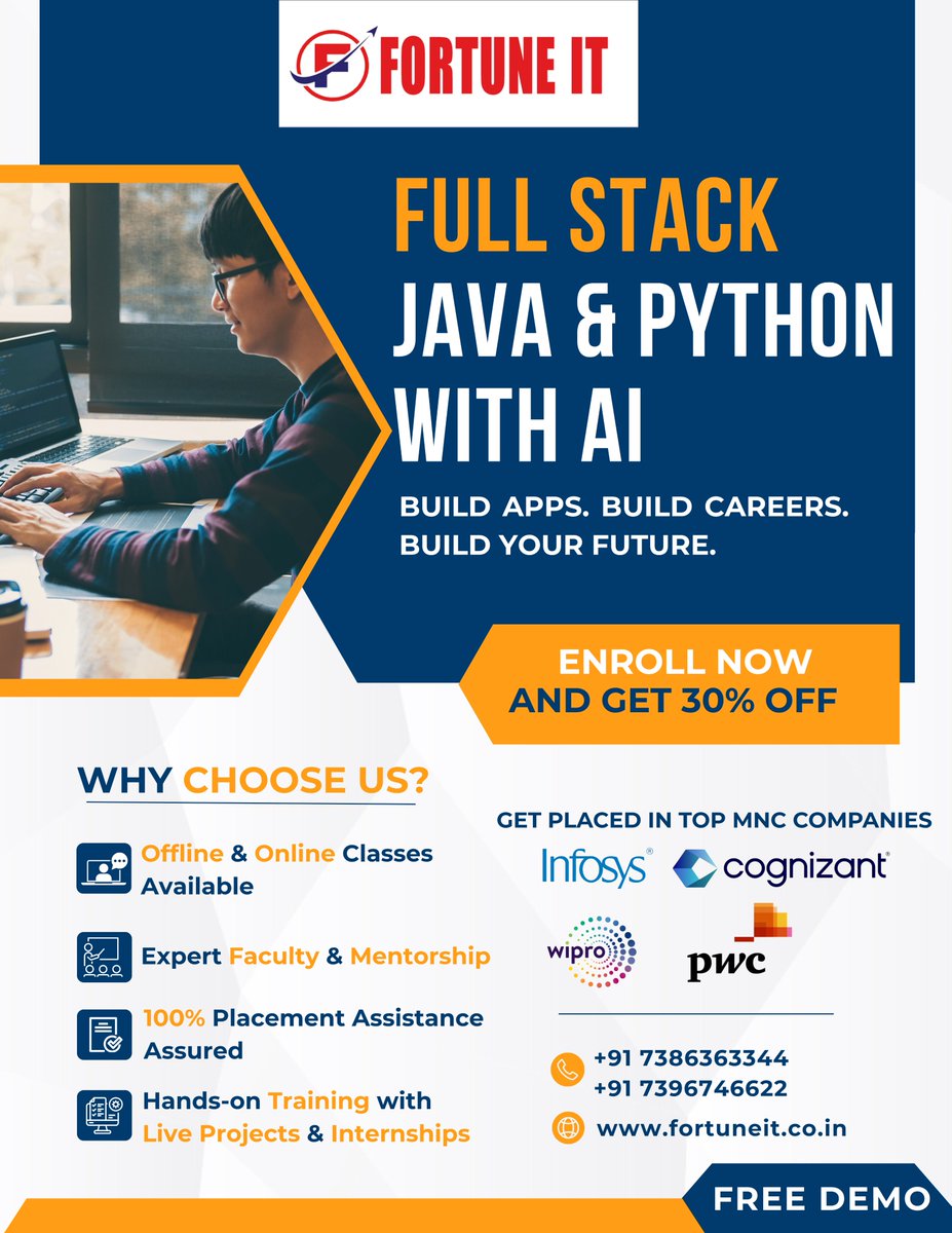 FortuneIT98's tweet image. Build your future with Full Stack Java & Python + AI!
Learn. Code. Get Hired.
30% OFF + Free Demo at Fortune IT
#FullStackDeveloper #PythonWithAI #CareerGrowth #FortuneIT #LearnToCode