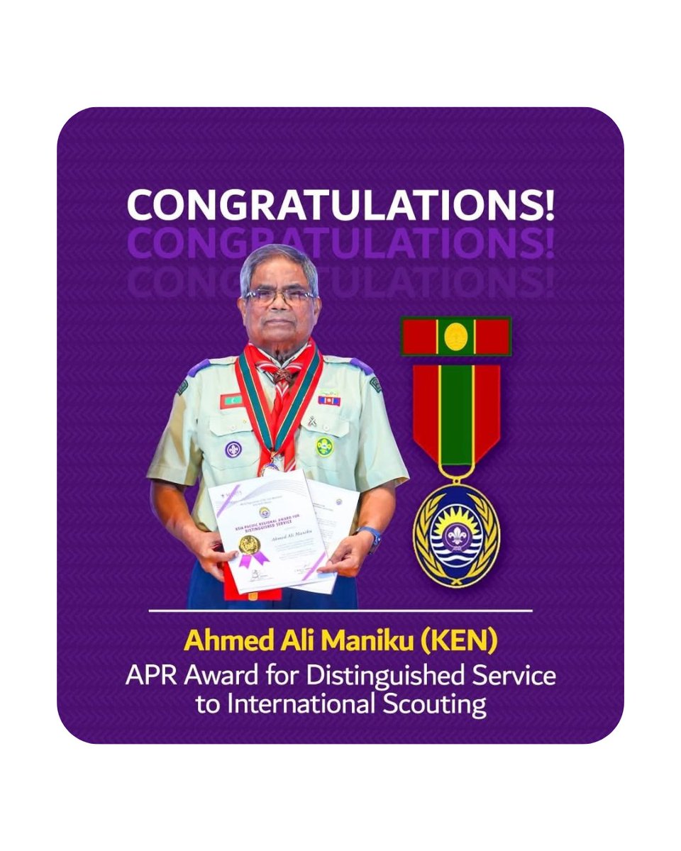 The Maumoon Foundation (@themaumoonfdtn) on Twitter photo We are proud to congratulate our member and former General Secretary, <a href="/ken_aamaniku/">Ahmed Ali Maniku</a>, on receiving the Asia-Pacific Regional Award for Distinguished Service to International Scouting.
His lifelong dedication to Scouting is an inspiration and a source of pride for the Maldives. We are proud to congratulate our member and former General Secretary, <a href="/ken_aamaniku/">Ahmed Ali Maniku</a>, on receiving the Asia-Pacific Regional Award for Distinguished Service to International Scouting.
His lifelong dedication to Scouting is an inspiration and a source of pride for the Maldives.