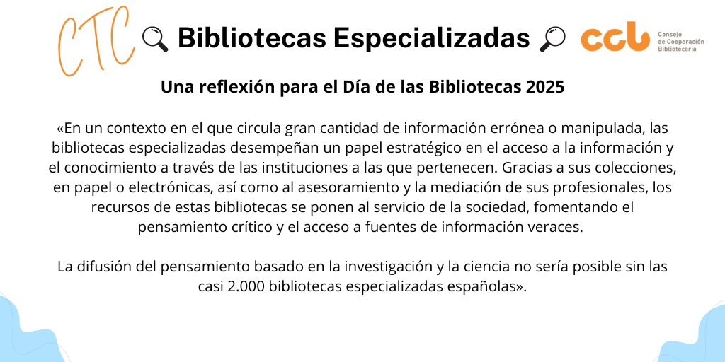 "Contra la #desinformación: #bibliotecas" es el lema escogido por <a href="/culturagob/">Ministerio de Cultura</a> para celebrar este viernes el #Díadelasbibliotecas 🎉 📚.

En esta línea, los presidentes de nuestras CTC han querido dejar unas reflexiones. Hoy, #BibliotecasEspecializadas 👇
ccbiblio.es/bibliotecas-es…