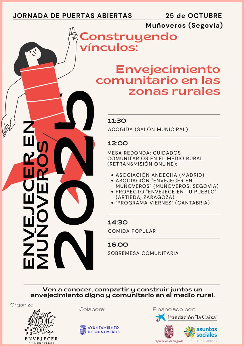 ProgramaViernes's tweet image. Este sábado estaremos presentes en la jornada "Construyendo vínculos: Envejecimiento comunitario en zonas rurales" que se celebra en #Muñoveros, #Segovia. La jornada se retransmitirá online➡️uv-es.zoom.us/j/99675552082. ¡Os esperamos! #ProgramaViernes #SoledadNoDeseada #Prevención
