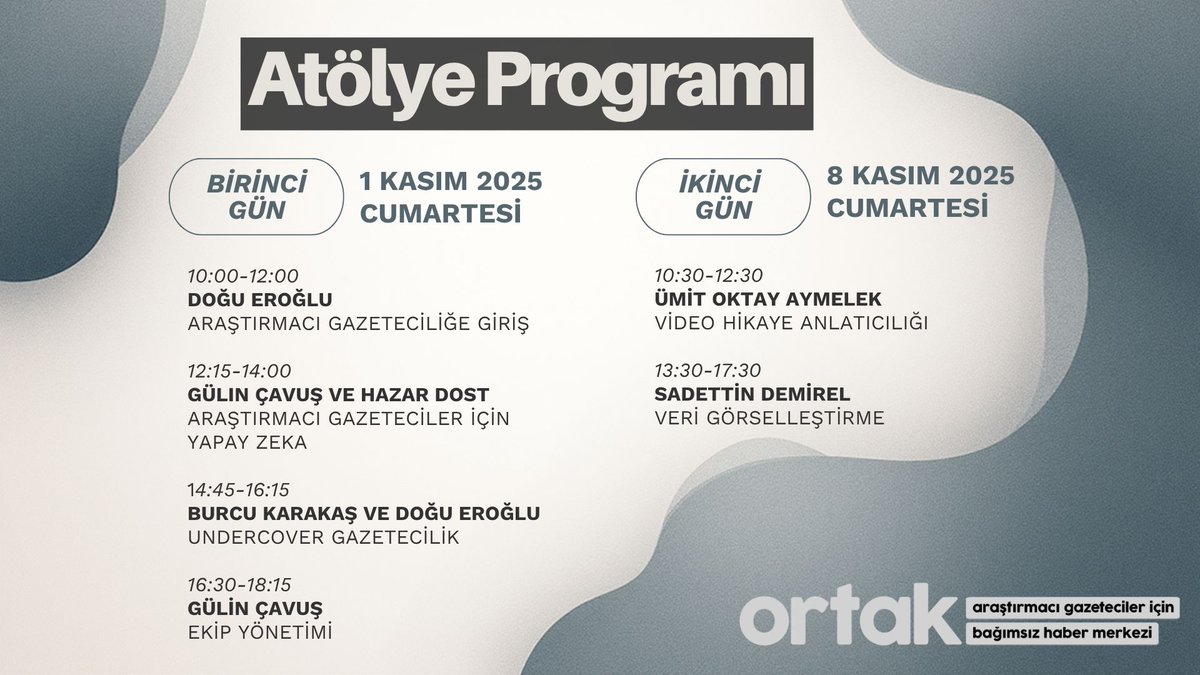 1 ve 8 Kasım tarihlerinde <a href="/OrtakOrg/">Ortak</a> olarak araştırmacı gazeteciliğe giriş niteliğinde atölye çalışmaları düzenliyoruz.

İstanbul'da ve yüz yüze gerçekleştireceğimiz atölyelere katılmak isteyen gazeteci ve gazeteci adayları ile medya çalışanları bağlantıdan başvuru yapabilir:

📌