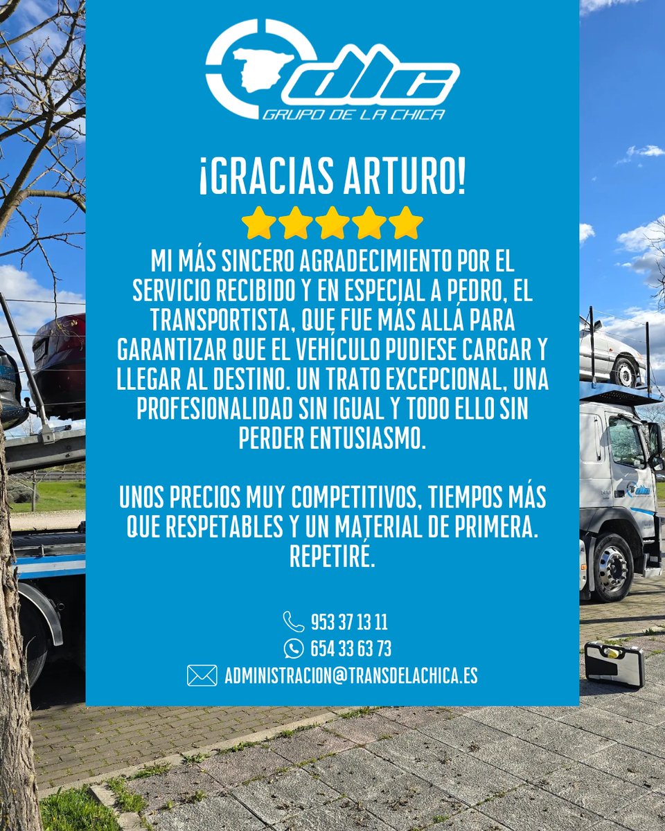 Gracias, Arturo. Nos alegra saber que Pedro y el equipo superaron tus expectativas. Valoramos tu confianza: precios competitivos, puntualidad y trato profesional. Si necesitas transportar un vehículo, escríbenos por WhatsApp.

#GrupoDeLaChica #ReseñaCliente