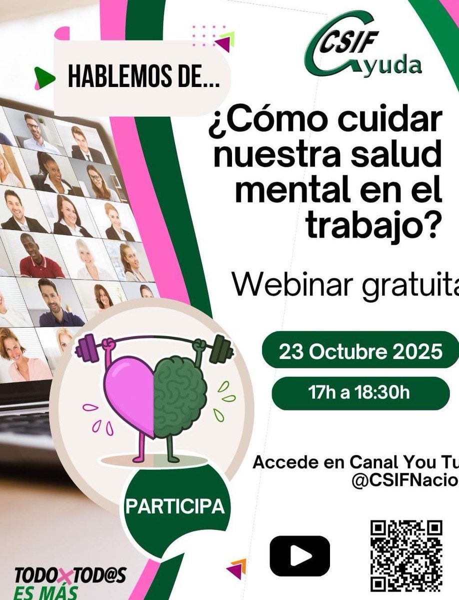 🧠 Si quieres saber cómo mejorar tu Salud Mental en tu Trabajo, técnicas, tus derechos y descubrir recursos disponibles.
 ¡No te pierdas nuestra webinar gratuita!
📍Jueves 23 Octubre a 17h
👉🏻Accede a través de nuestro canal de you tube de @CSIFNacional o pinchando el código QR