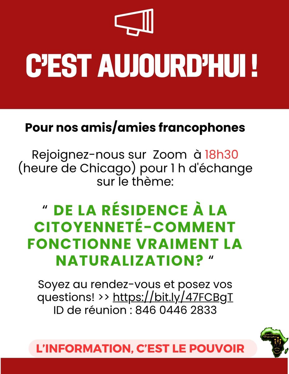 👋 Salut la communauté francophone !
RDV ce soir pour comprendre comment on obtient  la citoyenneté américaine sans stress.
🗓️ Lundi 20 octobre | 18h30 – 19h30
💻 Rejoins-nous ici 👉 bit.ly/47FCBgT
#CitoyennetéAméricaine #GreenCard #FrancophonesUSA #UAO