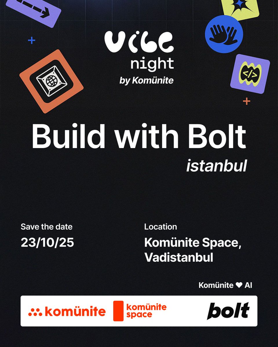 komunitecomtr's tweet image. Katılmak için son çağrı ⚡️
AI, müzik ve kodlama tek akışta buluşuyor!
Vibe Night: Build with Bolt
🎤 @FatihGuner “Vibe Coding Motivation”
💻 @oozn canlı “Vibe Coding Session”