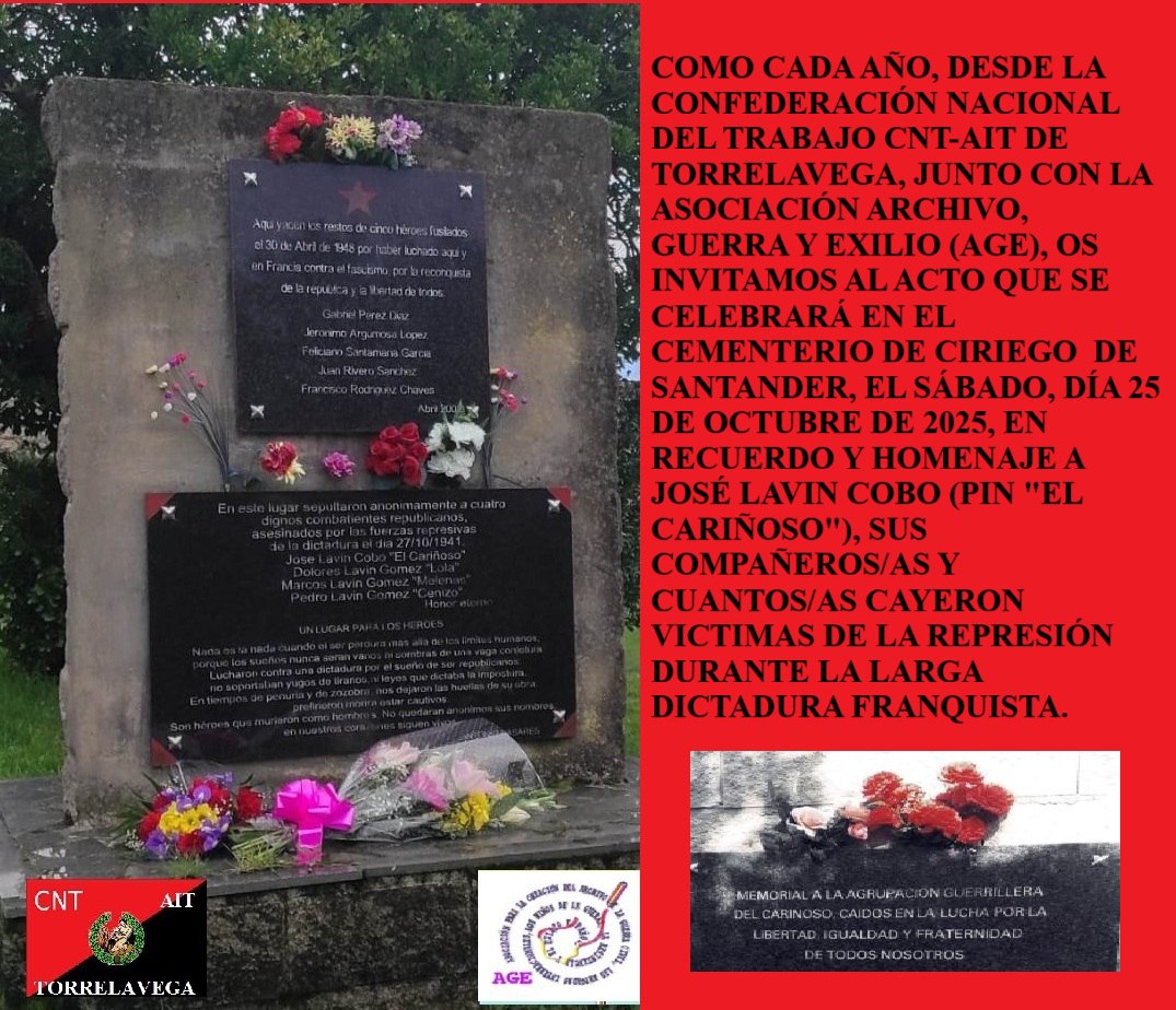 AitGijon's tweet image. Cantabria || El próximo sábado día 25 a las 12:00h, os invitamos a asistir al acto que cada año organizamos en memoria de "El Cariñoso", organizado por la CNT-AIT junto a la "Asociación Archivo, Guerra y Exilio"
🔴⚫ Os esperamos.
#MemoriaAnarquista
#SindicatoconHistoria…