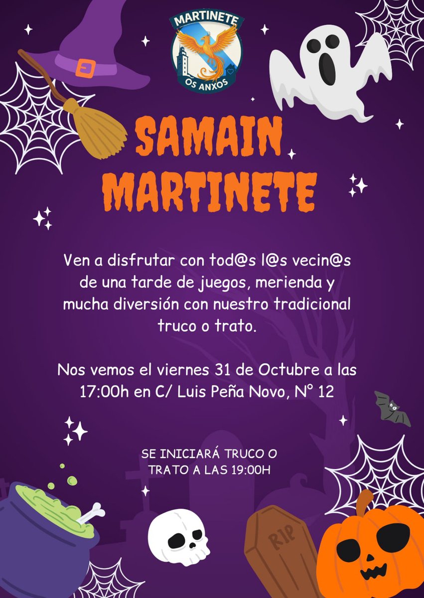 Las calles se llenan de magia, risas y sustos del bueno 😜
👻 Tarde de juegos, merienda, disfraces y el esperado TRUCO O TRATO 🎃
🕔 Desde las 17:00h
📍 C/ Luis Peña Novo, Nº 12
🕖 Truco o trato a las 19:00h
 ¡El Samaín se vive en el Martinete, y el Martinete se vive en familia!