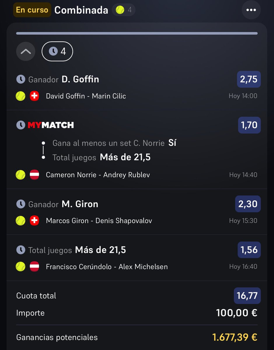 CUOTA 17 PARA HOY 🎈 

• Gana Goffin
• Gana Girón
• Set Norrie +21,5 Juegos
• +21,5 Juegos Cerundolo/Michelsen

¿Sale? Si sale sorteamos 50€ entre todos los RT + ♥️