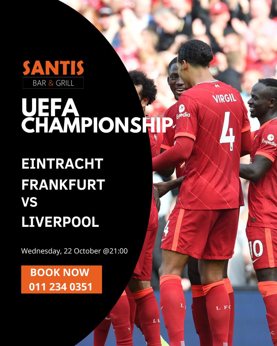SantisBarGrill's tweet image. ⚽Eintracht Frankfurt vs Liverpool⚽
Wednesday 22 Oct @ 21:00 — The Reds🔴take on Frankfurt🇩🇪in a must-watch Champions League night! Join us for great food🍗🍟and ice-cold draughts🍺 while cheering live!
📍Bookings essential – call📞011 234 0351
#SantisBarAndGrill #webchanges
