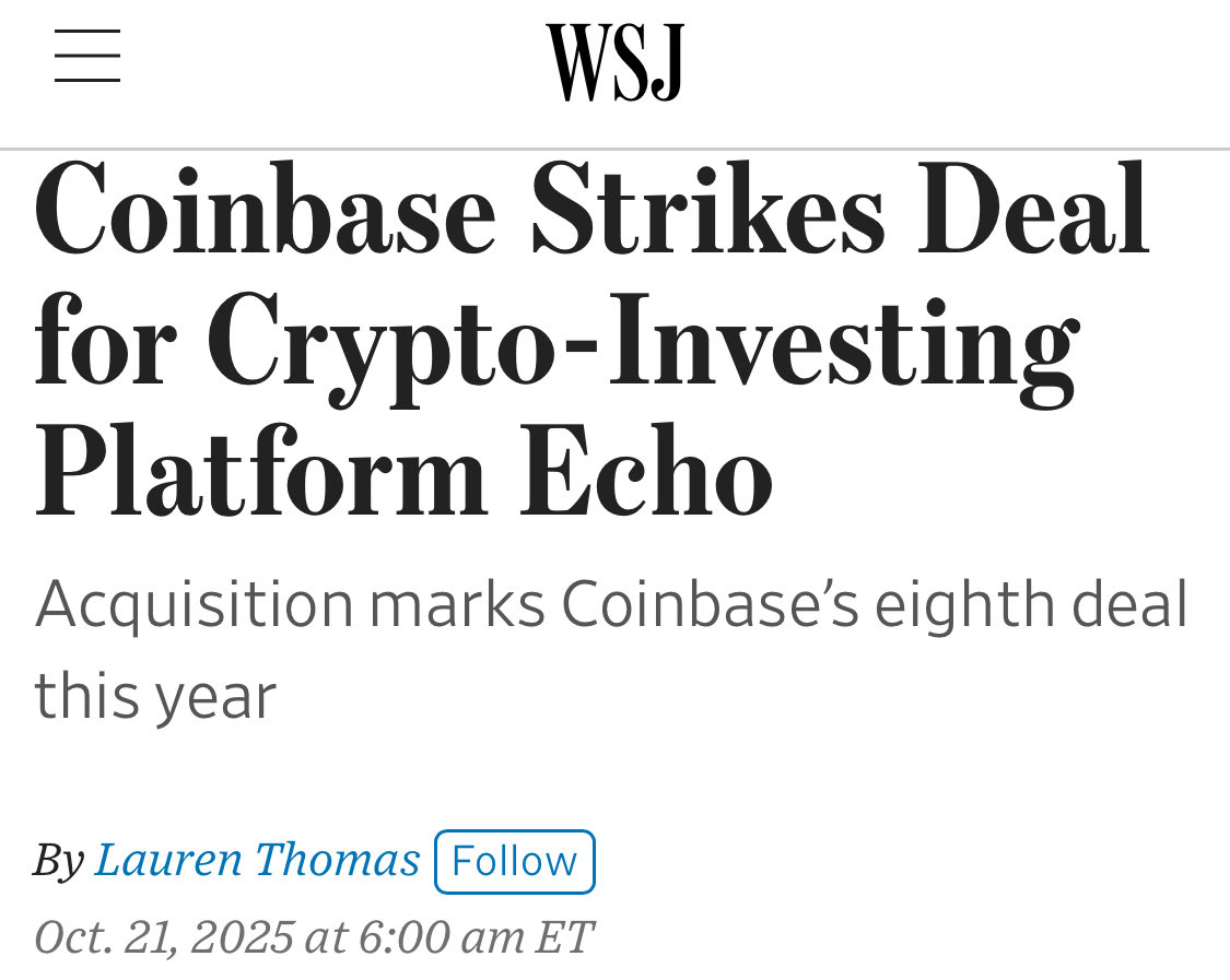 Coinbase가 Echo 암호화 투자 플랫폼을 인수한다는 WSJ 헤드라인