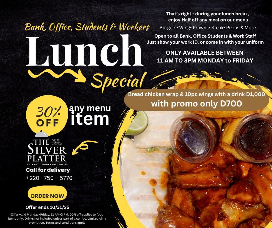 BanjulNightLive's tweet photo. The Silver Platter!
BANK • OFFICE • STUDENTS
We’re back with our Workday Lunch Special — but this time, it’s 30% OFF all food items from Monday to Friday, 11 AM – 3 PM! 🙌🏽

https://t.co/8Jm6OhjT3F
whatsapp +2207505770 https://t.co/bwK54L2Mr3