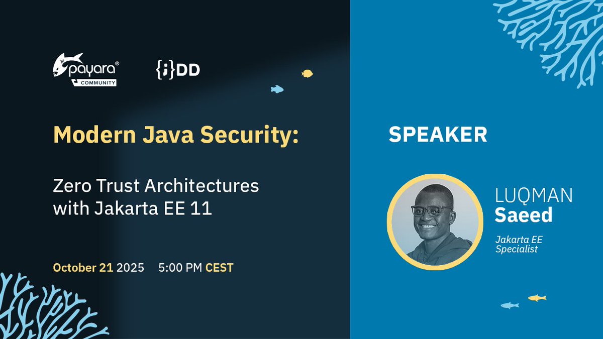 PayaraDev's tweet image. Catch Luqman Saeed today at @JDD_Krakow , 5PM CEST
✅ Secure microservices with @JakartaEE
✅ Use OAuth2/OpenID Connect
✅ Apply continuous validation & least-privilege
jdd.org.pl/lecture_2025/#…
#Java #JavaEE #JakartaEE #JDD2025