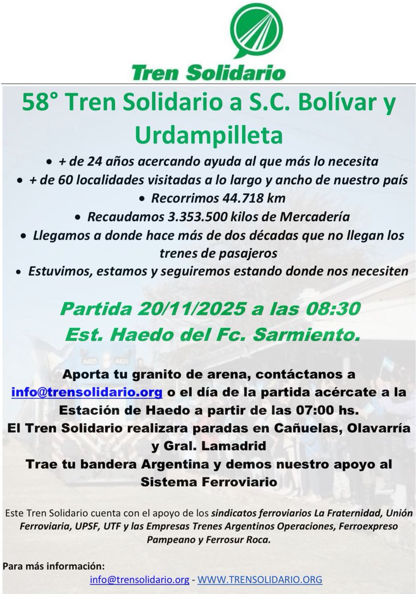🚂❤️ ¡El Tren Solidario vuelve a ponerse en marcha!
Anunciamos oficialmente nuestro Viaje N°58 con destino a San Carlos de Bolívar y Urdampilleta, llevando ayuda, esperanza y unión a quienes más lo necesitan.🇦🇷🚂💚