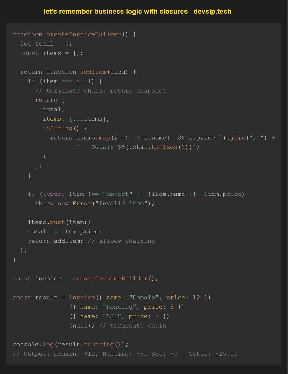 koomekelvink's tweet image. Closures not for numbers only but it remembers business logic — safely, fluently, and composably as shown in the invoice builder example.
Javascript book ->
leanpub.com/javascriptstar…
#javascriptlearning #javascripttips #SoftwareDevelopment #buildinpublic