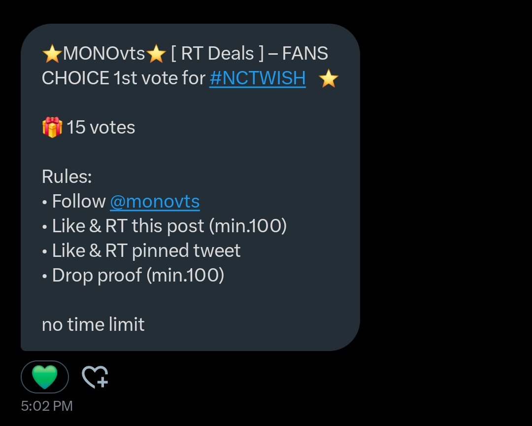 ⭐MONOvts⭐ [ RT Deals ] – FANS CHOICE 1st vote for #NCTWISH   ⭐

🎁 15 votes

Rules:
• Follow <a href="/monovts/">MONO</a> 
• Like &amp; RT this post (min.100)
• Like &amp; RT pinned tweet
• Drop proof (min.100)

no time limit