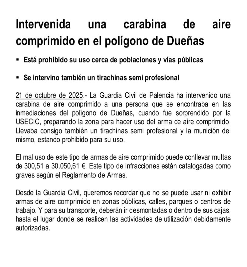 🚨Intervenida una carabina de aire comprimido en el polígono de Dueñas