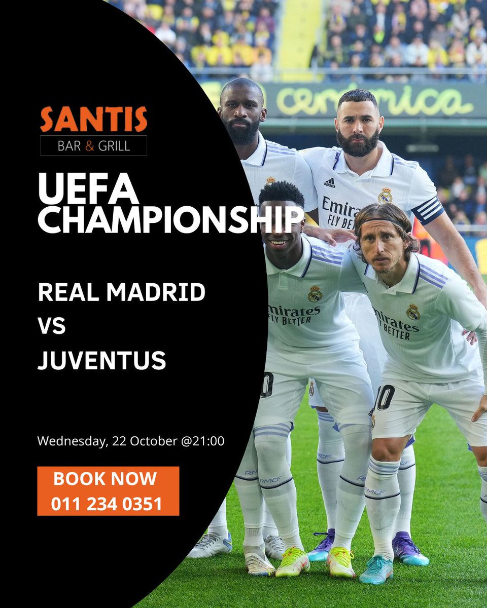 SantisBarGrill's tweet image. ⚽Real Madrid vs Juventus⚽
Wednesday 22 Oct @ 21:00 — A European classic! Real Madrid⚪vs Juventus⚫⚪live at Santis📺. Big screens, great meals🍔, and the best game-night vibe in town!
📍Bookings essential – call📞011 234 0351
#SantisBarAndGrill #santiswebchanges #webchanges