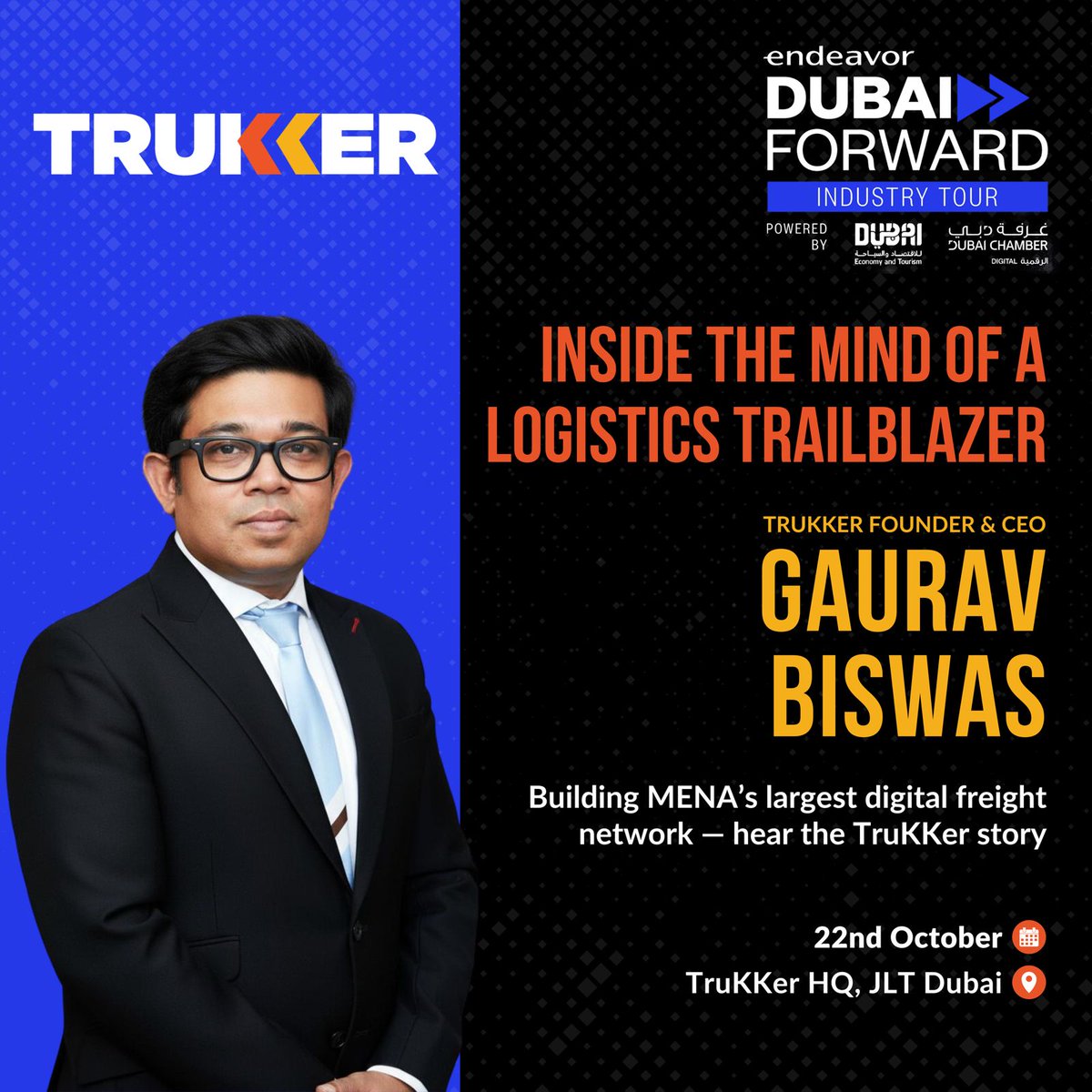 On Oct 22, Gaurav Biswas, CEO of <a href="/TruKKerTech/">TruKKer تركر</a>, shares the journey from digitising logistics to scaling across MENA, from TruKKer HQ, Dubai, at the @EndeavorSaudiForward Tour.
From freight lanes to AI, it’s one story you don’t want to miss.
🔗 endeavor.org/stories/endeav…

#TruKKer