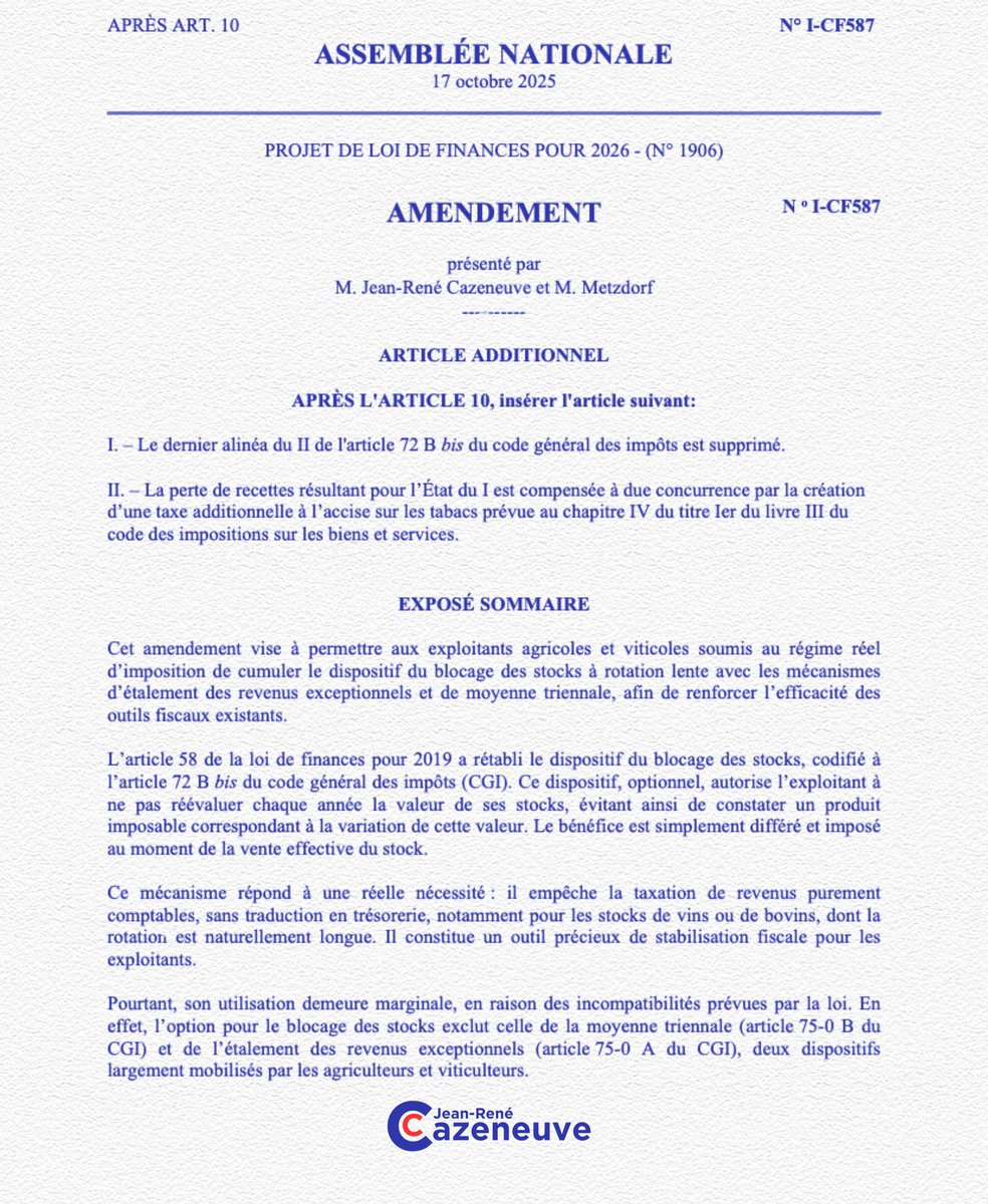 ✅ Adoption de mon amendement en commission : une victoire pour nos viticulteurs et nos agriculteurs !

Ils pourront désormais cumuler les dispositifs fiscaux qui stabilisent leurs revenus.

Une fiscalité plus juste, plus lisible, plus adaptée à la réalité du terrain.