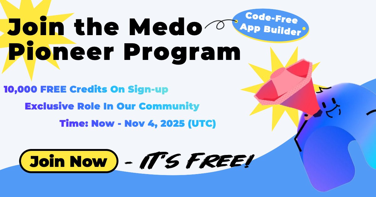 Medo_CodeFree's tweet image. Meet Medo, the powerful no-code platform that turns your bold ideas into functional applications!  
Join our  Pioneer Program:  get 10,000 free credits and unlock an exclusive Discord role.  

🚀Start creating today! : Miaoda.io
📷Join us: discord.com/invite/qB8H6c2…