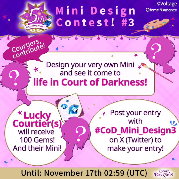 CourtDarkness's tweet photo. Celebrate 5 years with our 3rd Mini Design Contest!

★Application Period★
Until 11/17 02:59 (UTC)

★Conditions★
1- Design the Mini(s) you want and post your art on X with the following hashtag: #CoD_Mini_Design3

👉Check the rules in the app! https://t.co/Jfd8KNY9w6