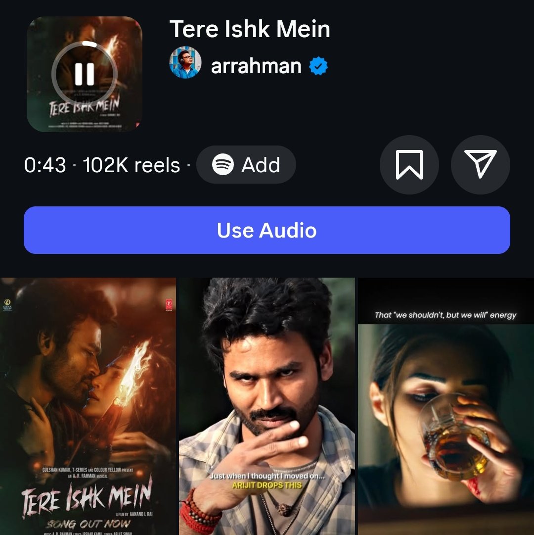 100K+ Reels for #TereIshkMein first Single within 3 Days in Insta 👌💥

<a href="/dhanushkraja/">Dhanush</a> <a href="/TSeries/">T-Series</a> <a href="/kritisanon/">Kriti Sanon</a>