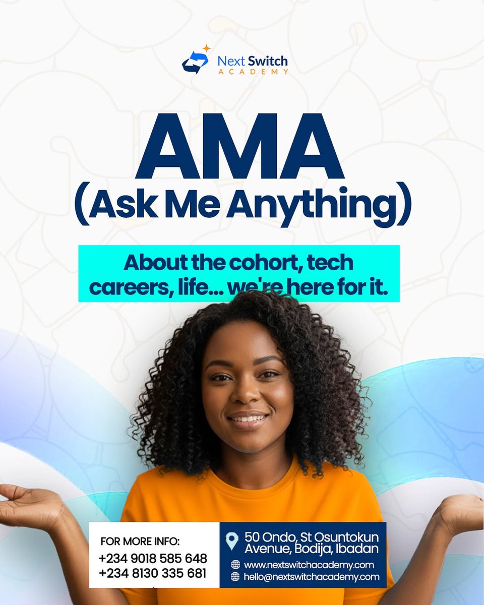 nextswitch_'s tweet image. Oya no be only “how to make money online” you can ask 😭
Ask us about tech, careers, or the new October 27th cohort we don’t bite unless it’s jollof!

Drop your questions 👇

#nextswitchacademy #askusanything #careergoals #learntech #techmadefun Gm web3 Iyabo ojo Ned Nwoko