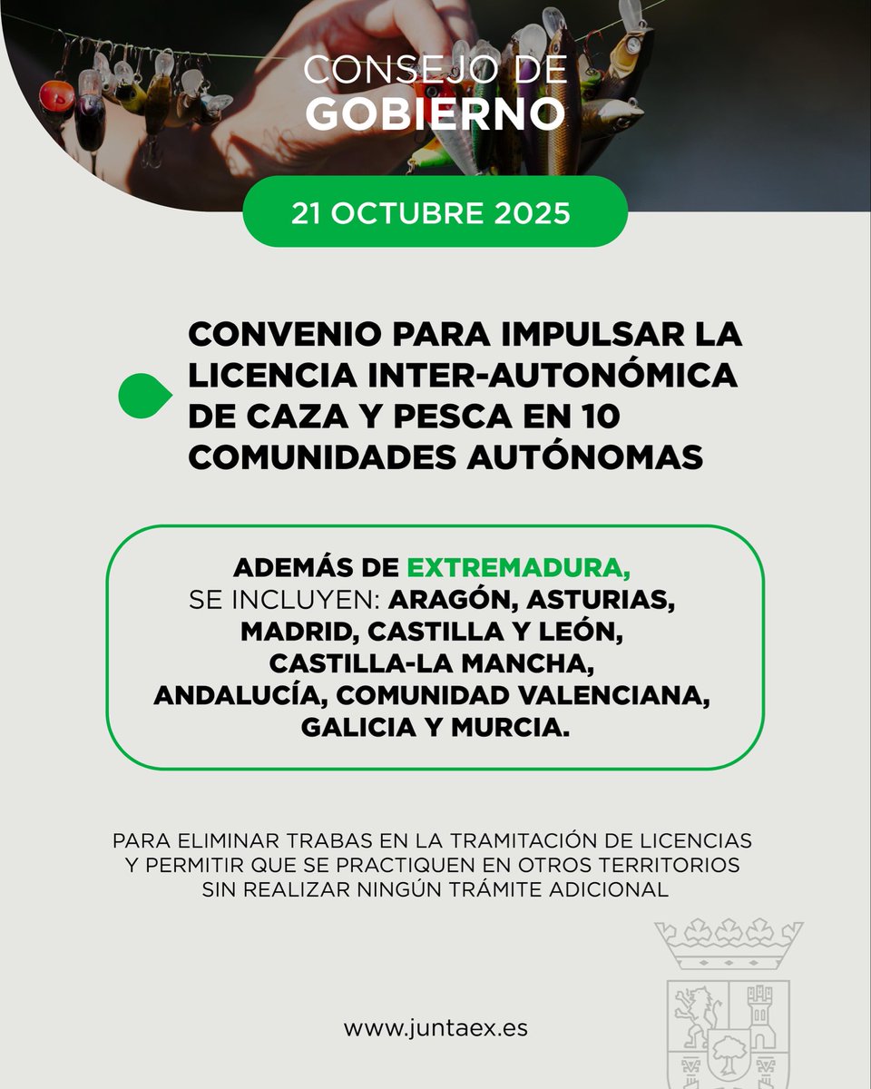 🎣 El #ConsejoGobiernoEXT ha autorizado la firma de un convenio para impulsar la licencia inter-autonómica de caza y pesca en 10 comunidades autónomas.

🦌 Se eliminan trabas burocráticas y se podrá practicar esta afición sin realizar ningún trámite relacionado.