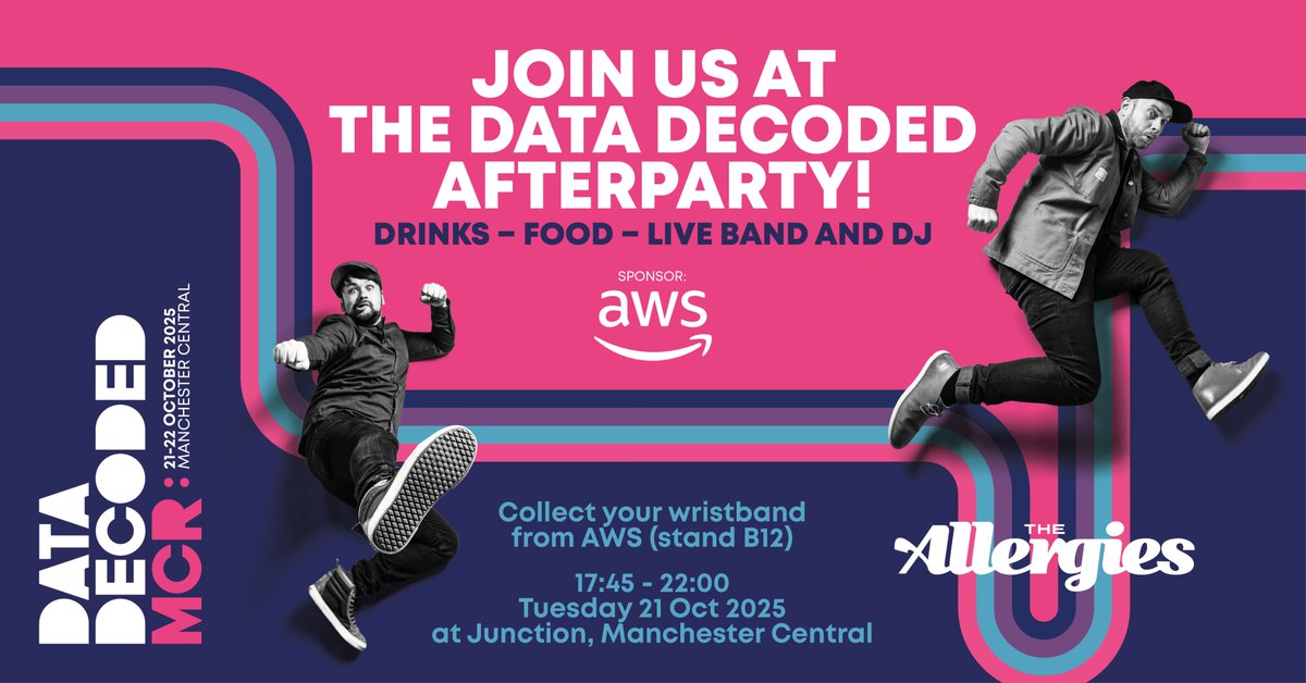 DataDecoded_HQ's tweet image. 📢 Don&apos;t forget to pick up your #DataDecodedMCR wristband at the Amazon Web Services (@awscloud) stand for entry to tonight&apos;s afterparty.

Party starts from 5:45pm!