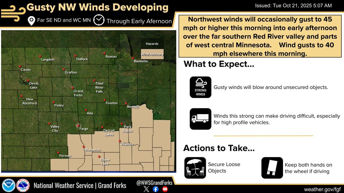 Northwest winds occasionally gusting to 35 to 45 mph or higher are expected this morning into early afternoon.  Strongest wind gusts far southern RRV and west central MN. A Wind Advisory is out for those locations.  #NDwx #MNwx