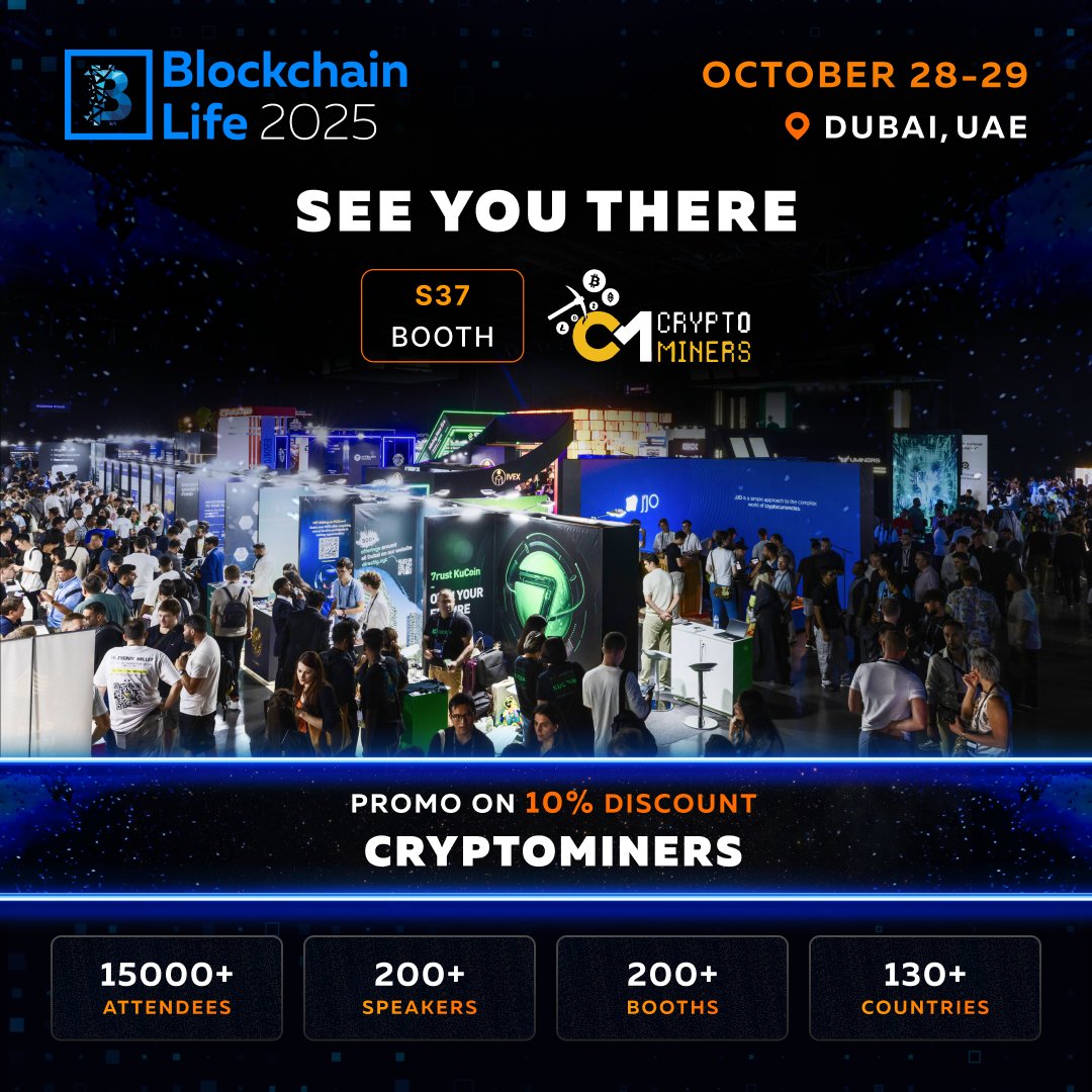 cryptominersgcc's tweet image. Blockchain Life 2025 – Almost Here!
Oct 28–29 in Dubai: 15,000 attendees.

Meet tops from Tether, TRON, Mastercard, Ripple, OKX, KuCoin, Amazon, and more — right before the Bull Run.

🎤 Akon live at the Official Afterparty!
🎟 Use code 𝐂𝐑𝐘𝐏𝐓𝐎𝐌𝐈𝐍𝐄𝐑𝐒 for 10% off
👉…