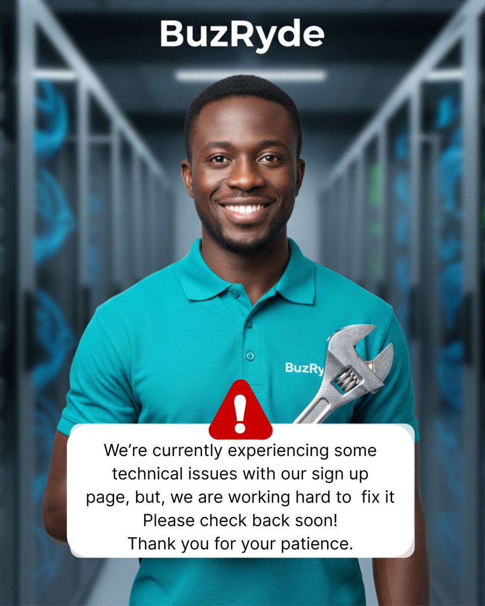 BuzRydeSupport's tweet photo. We’re currently experiencing some technical issues with our sign up page, but, we are working hard to  fix it. Please check back soon!
Thank you for your patience. https://t.co/WgFSvg2Fm0